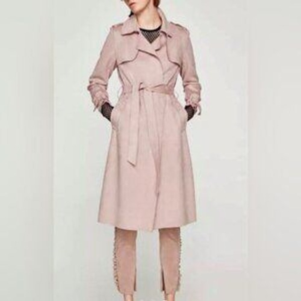 Zara Trench Coat Womens M Pink Faux Suede Belted Minimalist Romantic Parisian - Picture 2 of 16